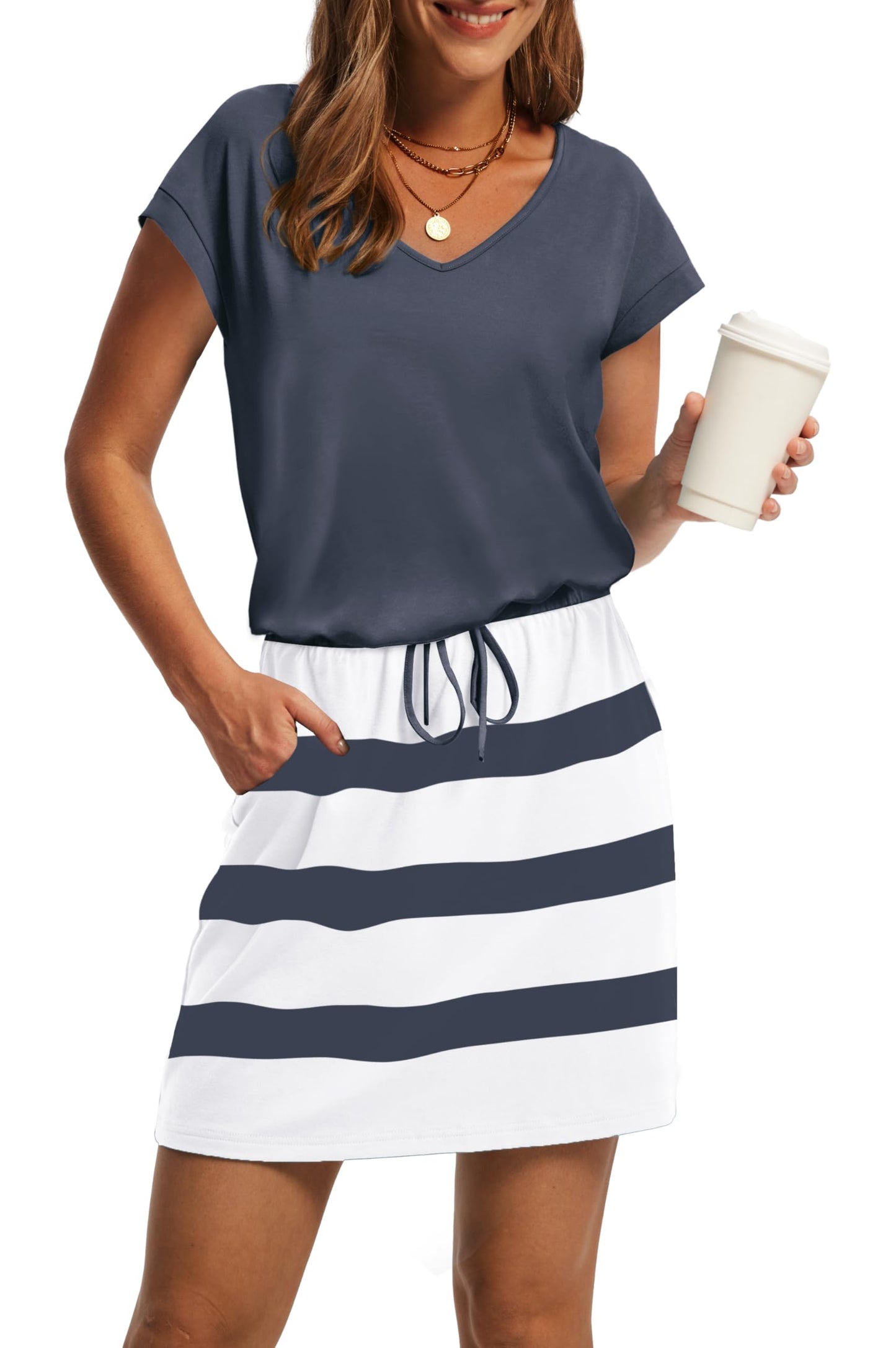 V-Neck Tie Waist Casual Mini Sundress with Pockets