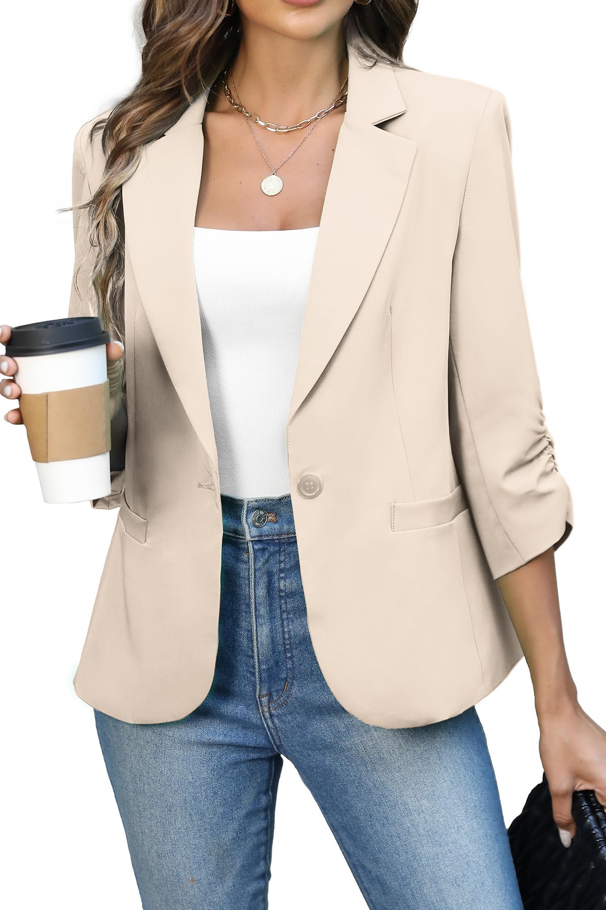 Women's Ruched 3/4 Sleeve Slim Fit Blazer Jacket