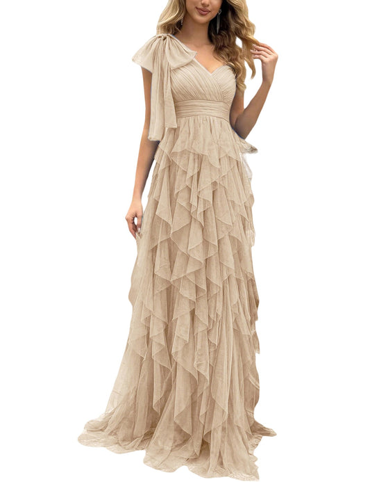 One Shoulder Bow Tulle Slit Maxi Evening Dress