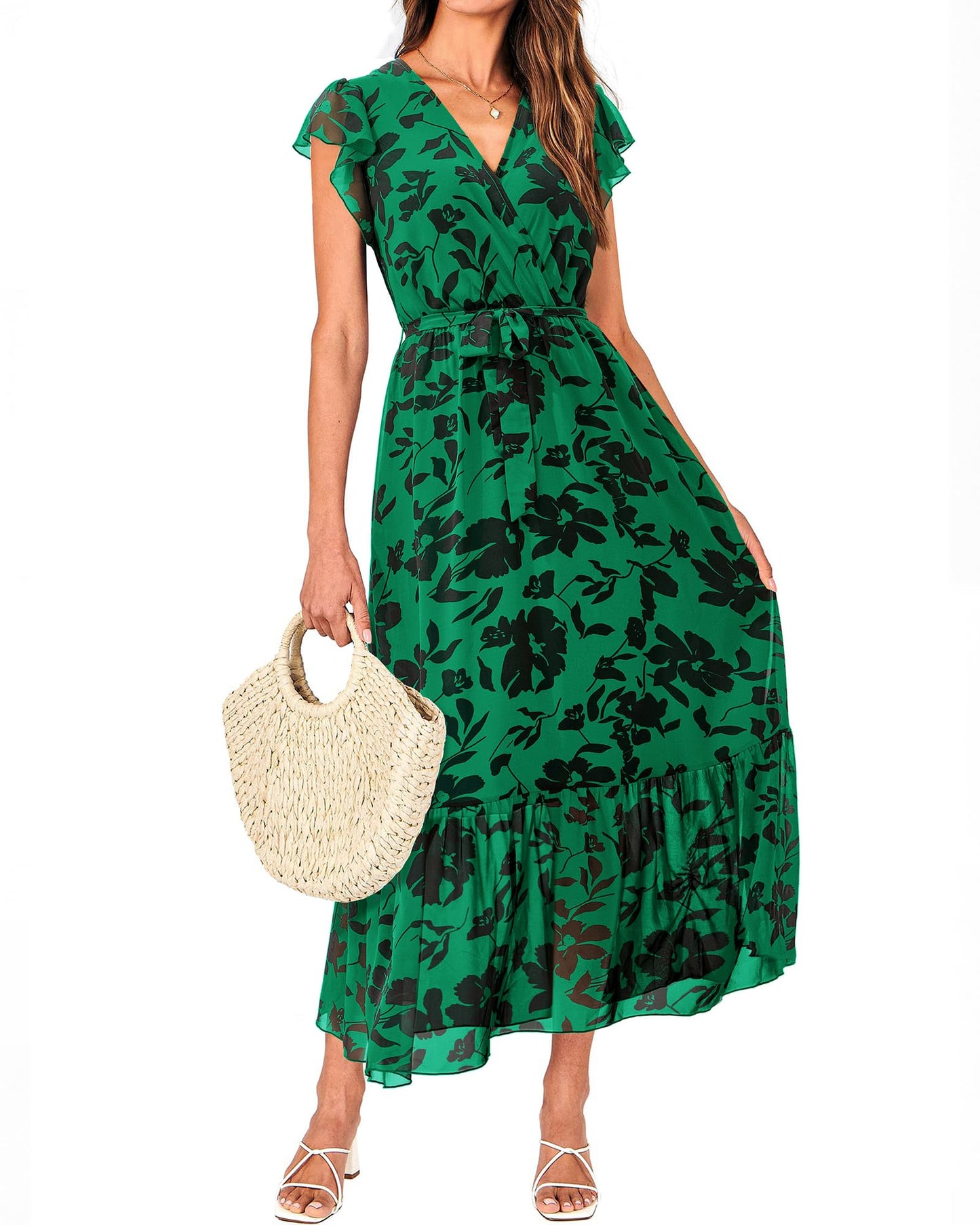 Women's Bohemian Floral Wrap V-Neck A-Line Midi Dress