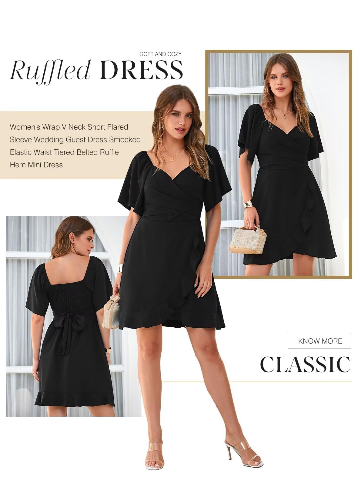 Wrap V-Neck Flared Sleeve Ruffle Hem Mini Dress