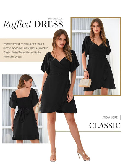 Wrap V-Neck Flared Sleeve Ruffle Hem Mini Dress