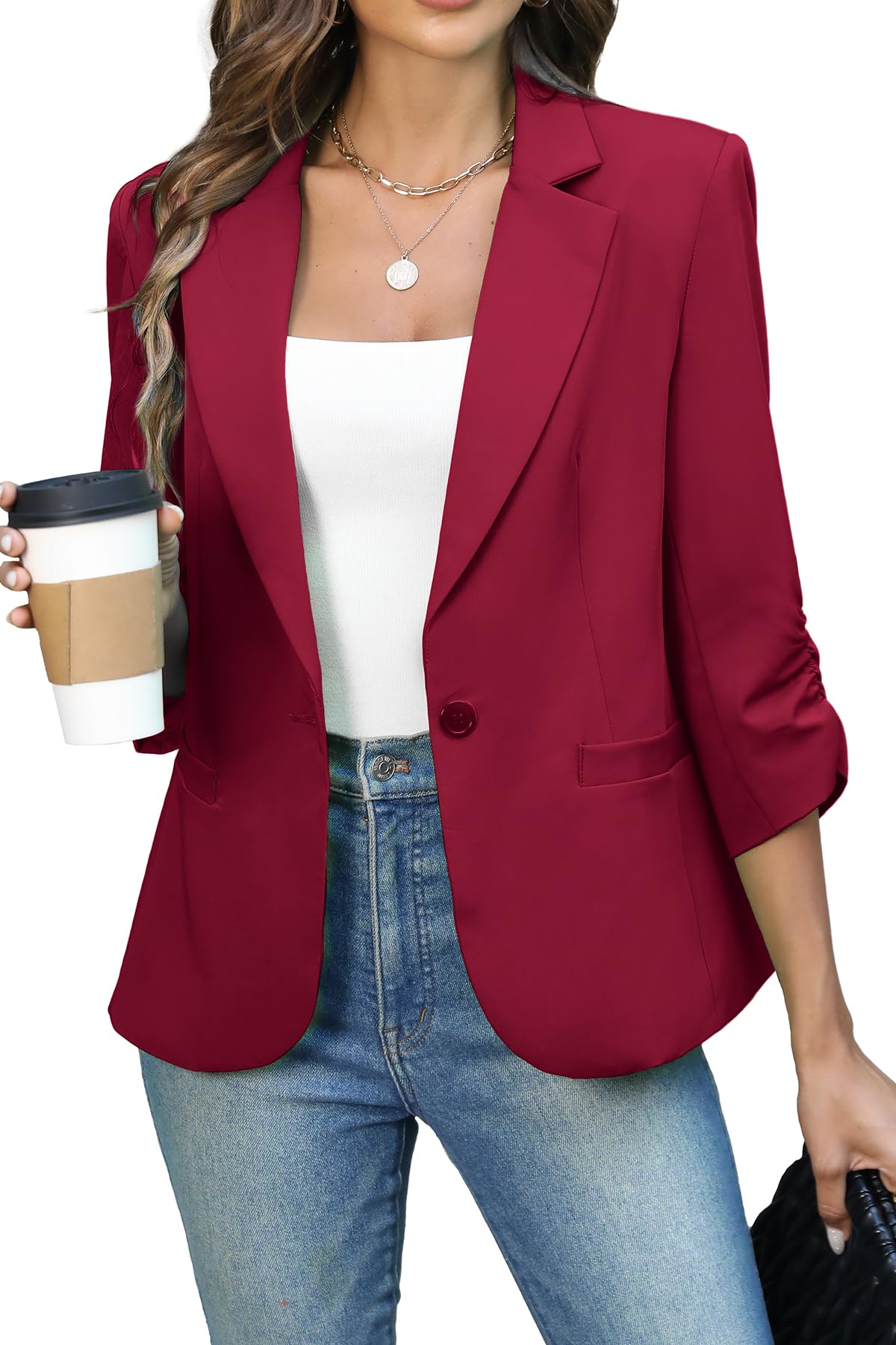 Women's Ruched 3/4 Sleeve Slim Fit Blazer Jacket