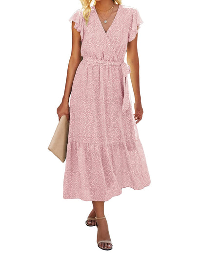 Women's Bohemian Floral Wrap V-Neck A-Line Midi Dress