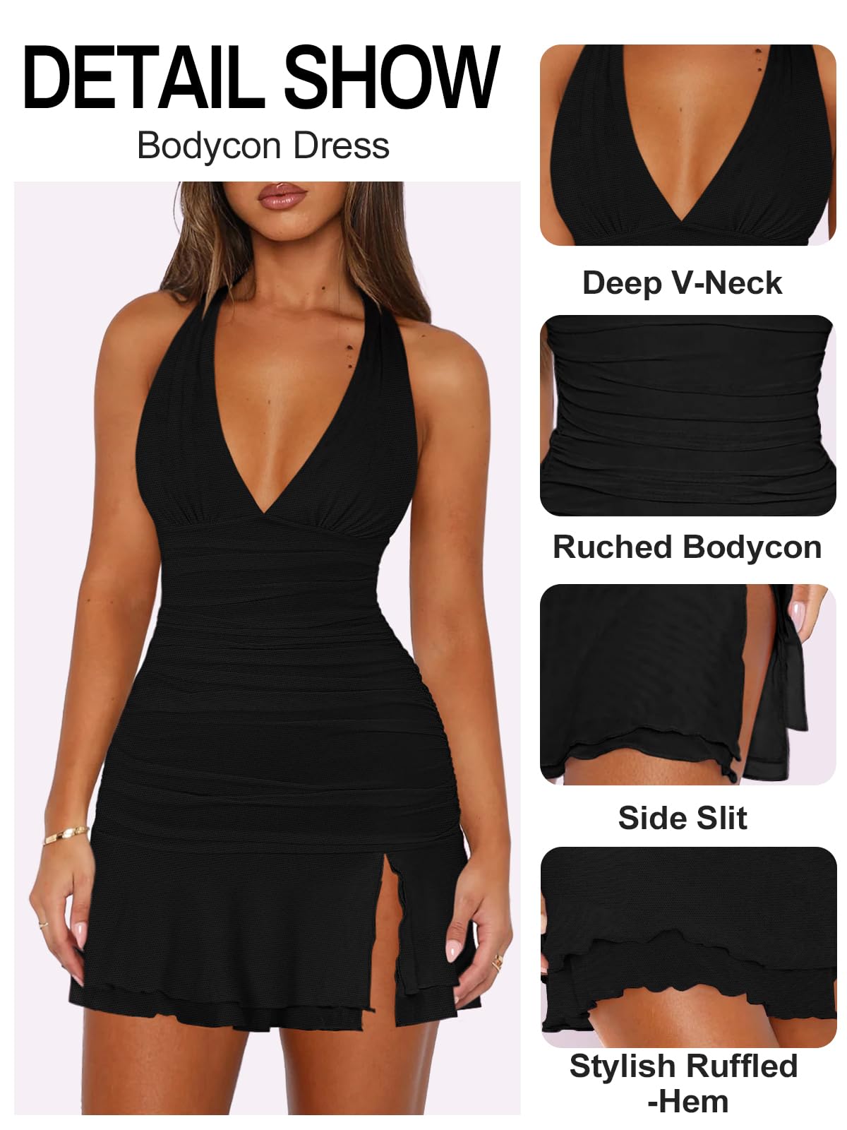 Women's Halter Deep V Ruched Bodycon Mini Dress with Slit
