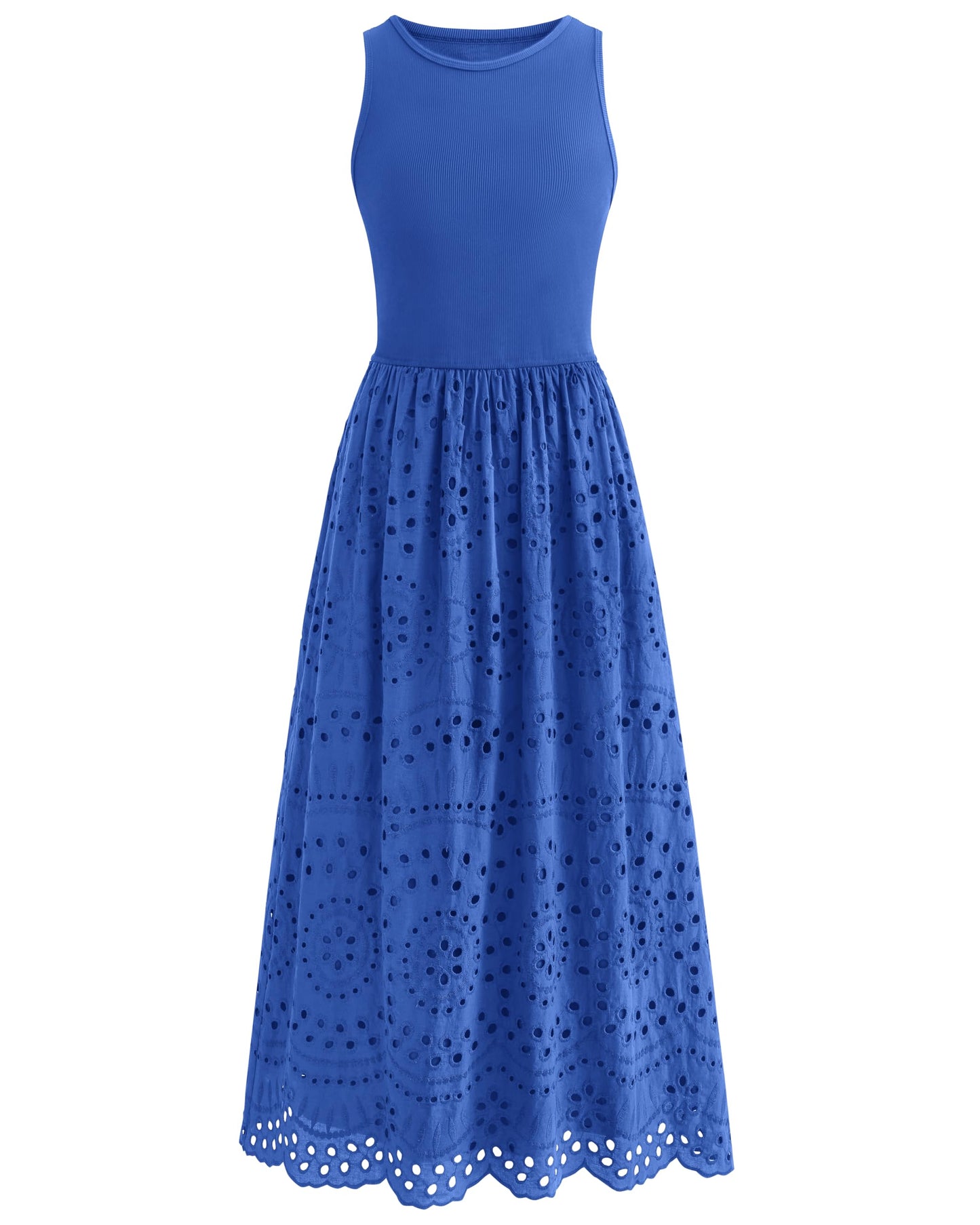 Sleeveless Crewneck Lace Eyelet Cotton Maxi Dress with Pockets
