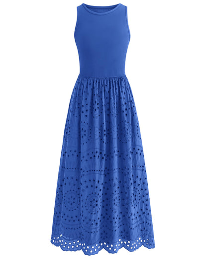Sleeveless Crewneck Lace Eyelet Cotton Maxi Dress with Pockets