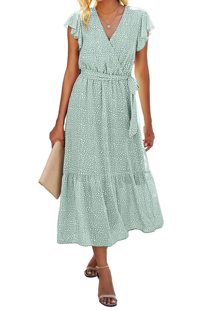 Women's Bohemian Floral Wrap V-Neck A-Line Midi Dress