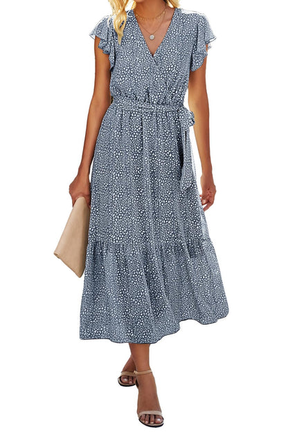 Women's Bohemian Floral Wrap V-Neck A-Line Midi Dress