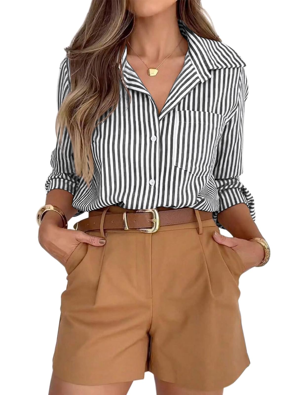 Striped Button-Down Long Sleeve Collared Work Shirt
