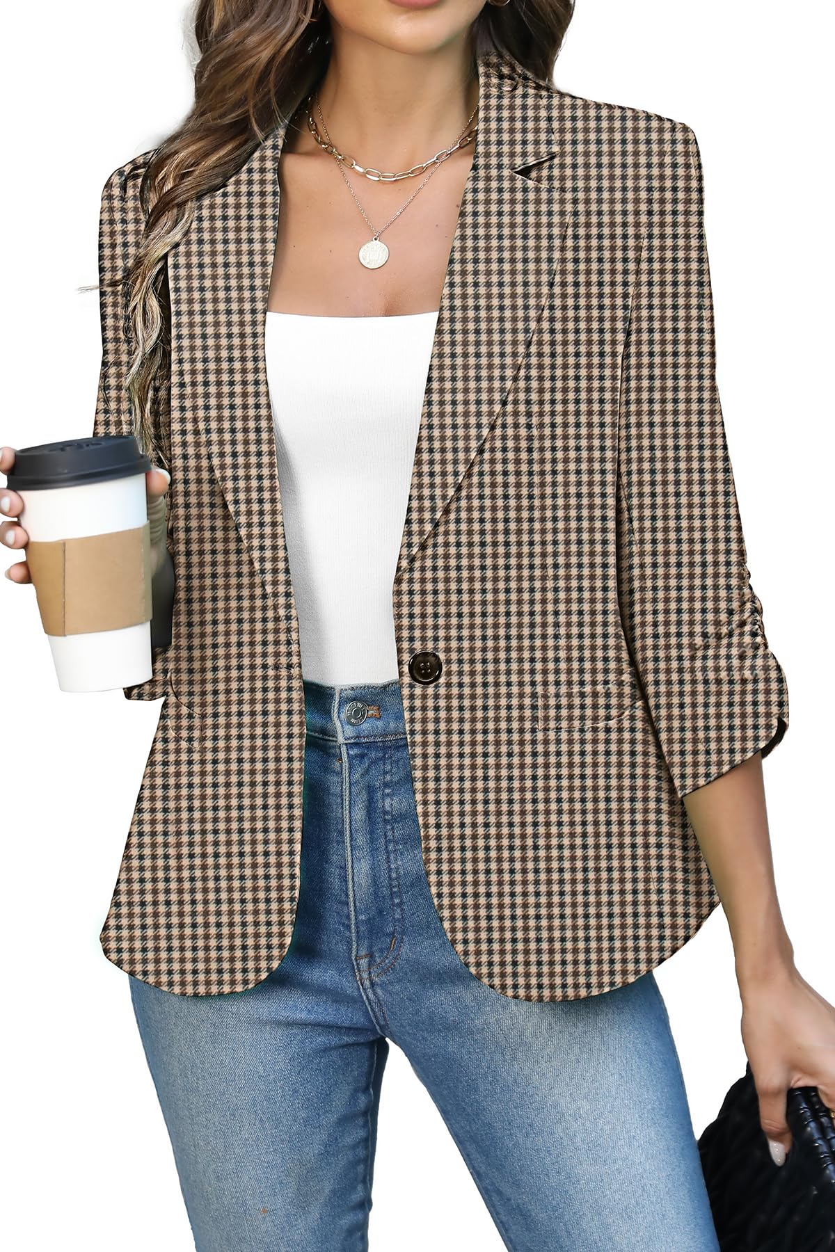 Women's Ruched 3/4 Sleeve Slim Fit Blazer Jacket