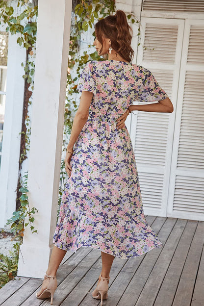 Women's Floral Wrap V-Neck Ruffle Boho Maxi Dress