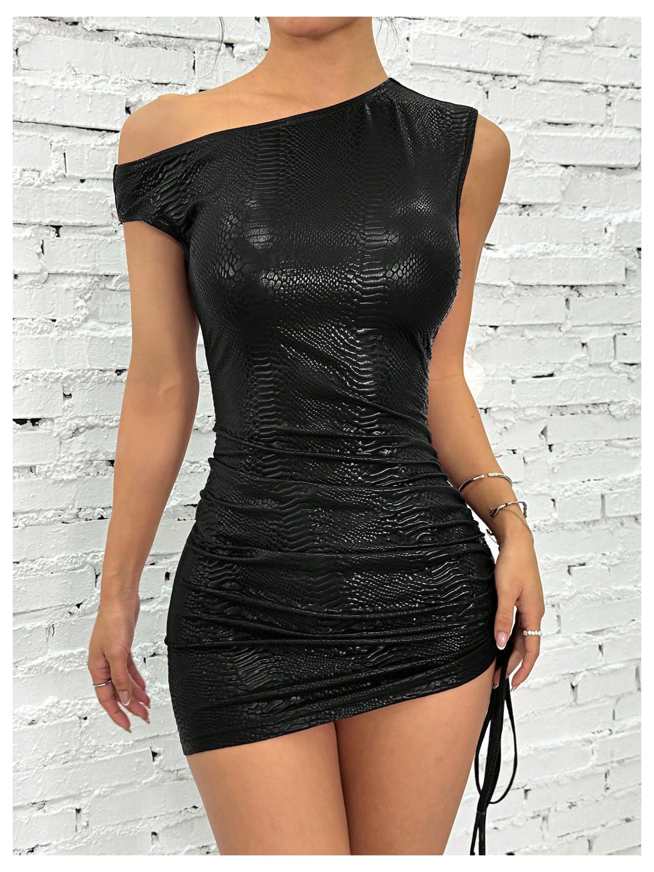 Women's Off-Shoulder Ruched PU Leather Mini Dress