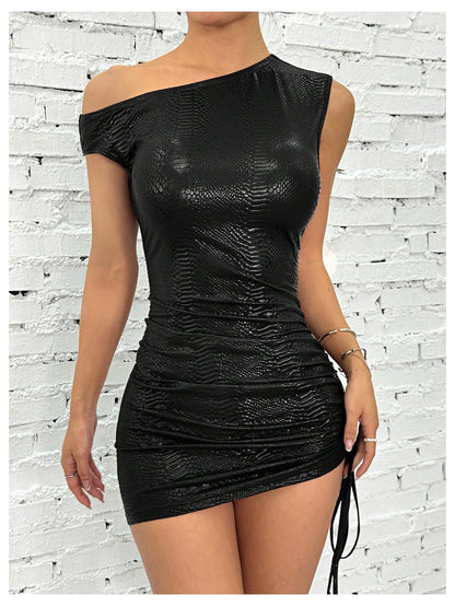 Women's Off-Shoulder Ruched PU Leather Mini Dress