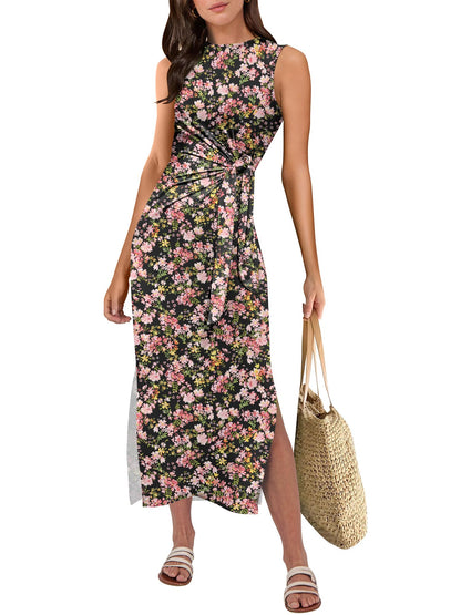 Sleeveless Tie Waist Split Tank Midi Sundress