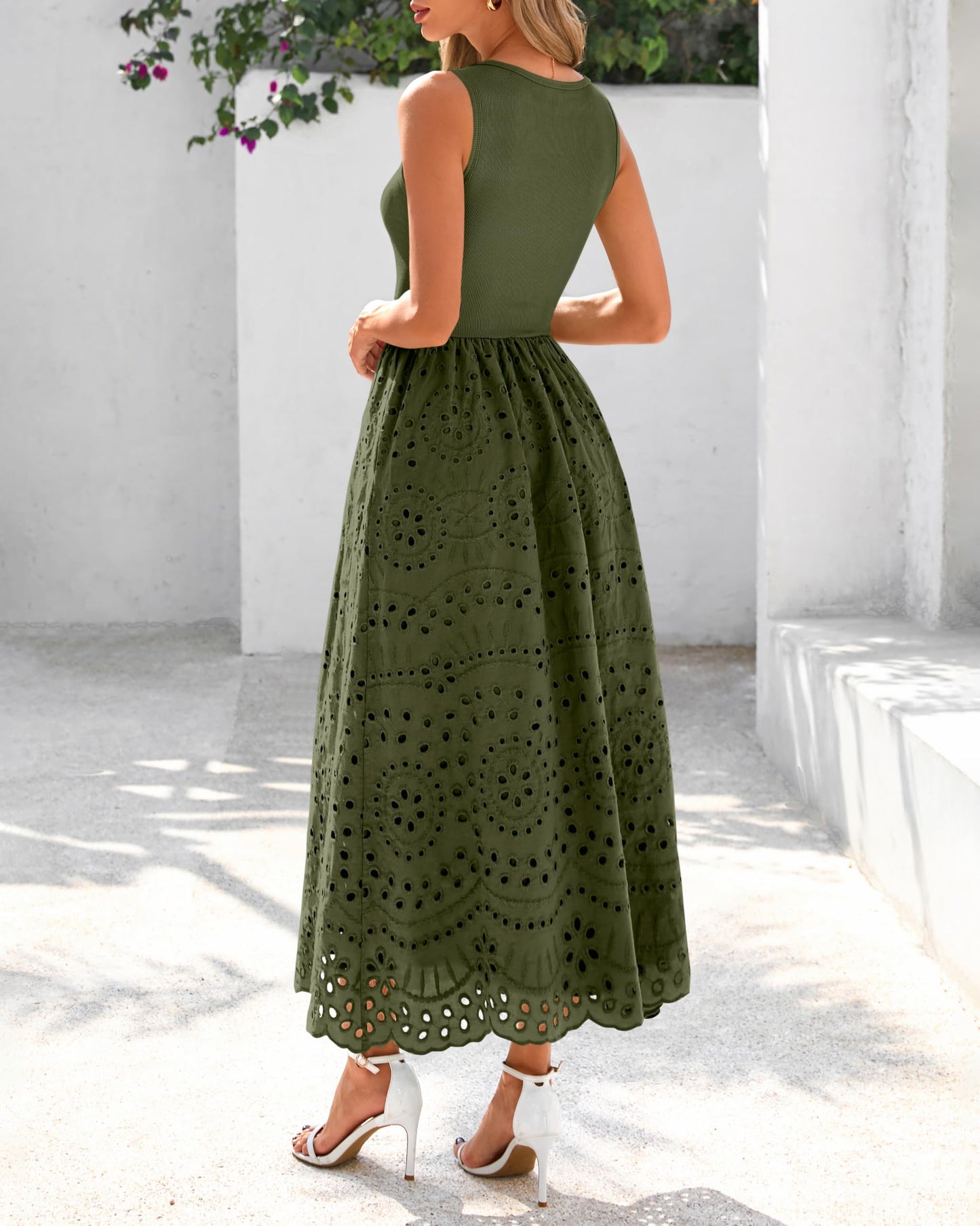 Sleeveless Crewneck Lace Eyelet Cotton Maxi Dress with Pockets