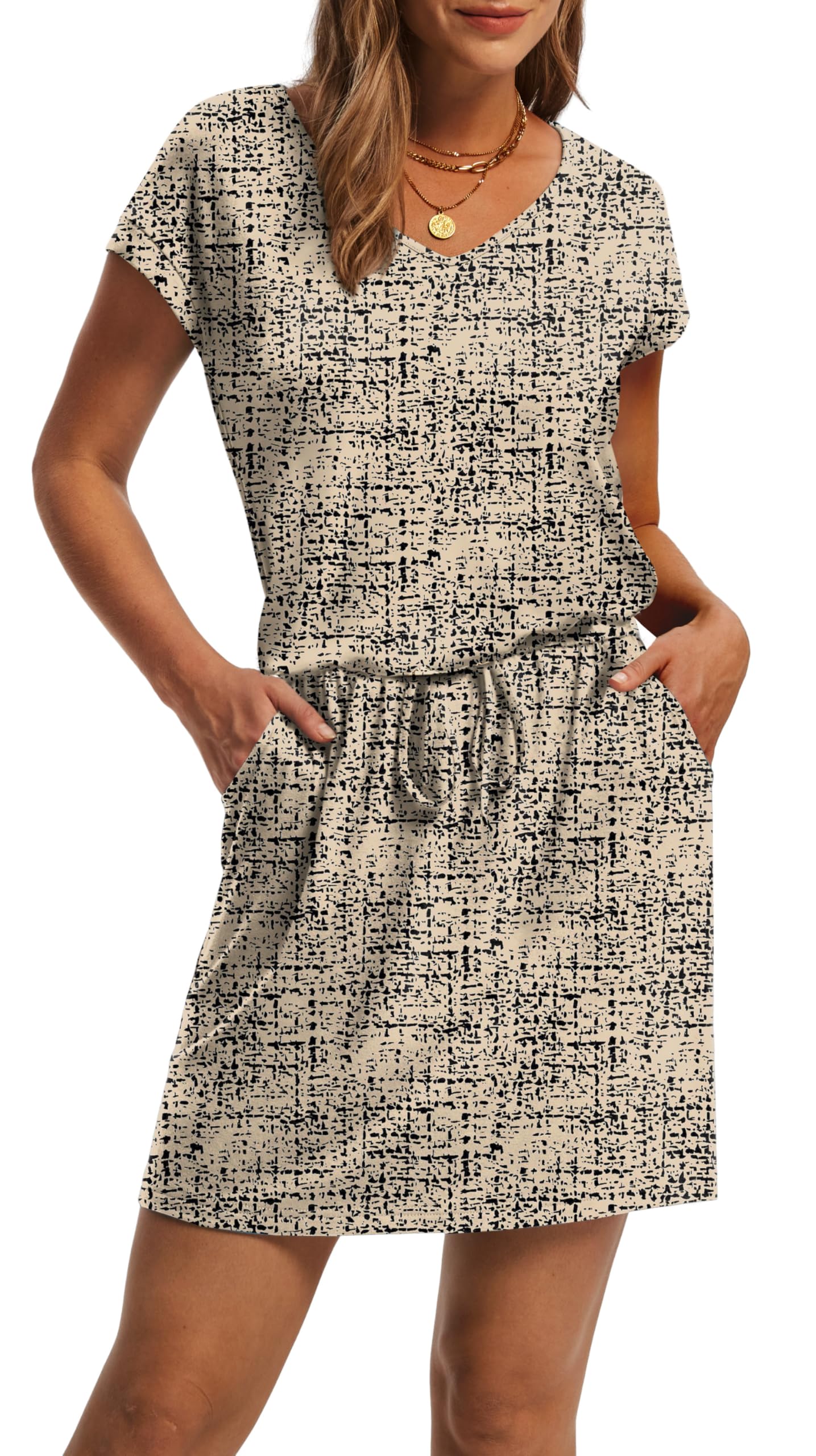 V-Neck Tie Waist Casual Mini Sundress with Pockets