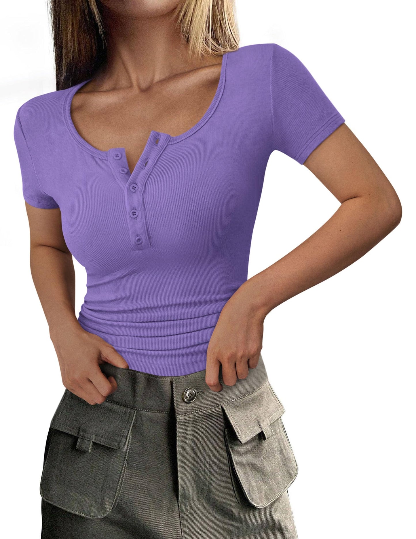 Ribbed Henley Button Short Sleeve Slim Fit T-Shirt