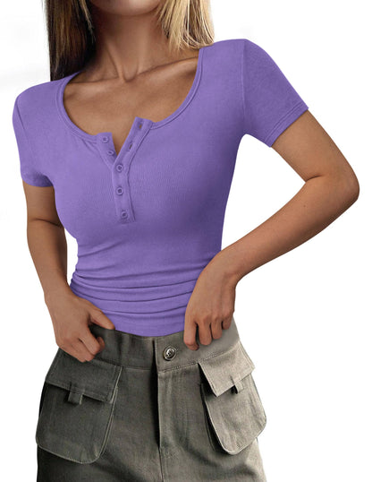 Ribbed Henley Button Short Sleeve Slim Fit T-Shirt