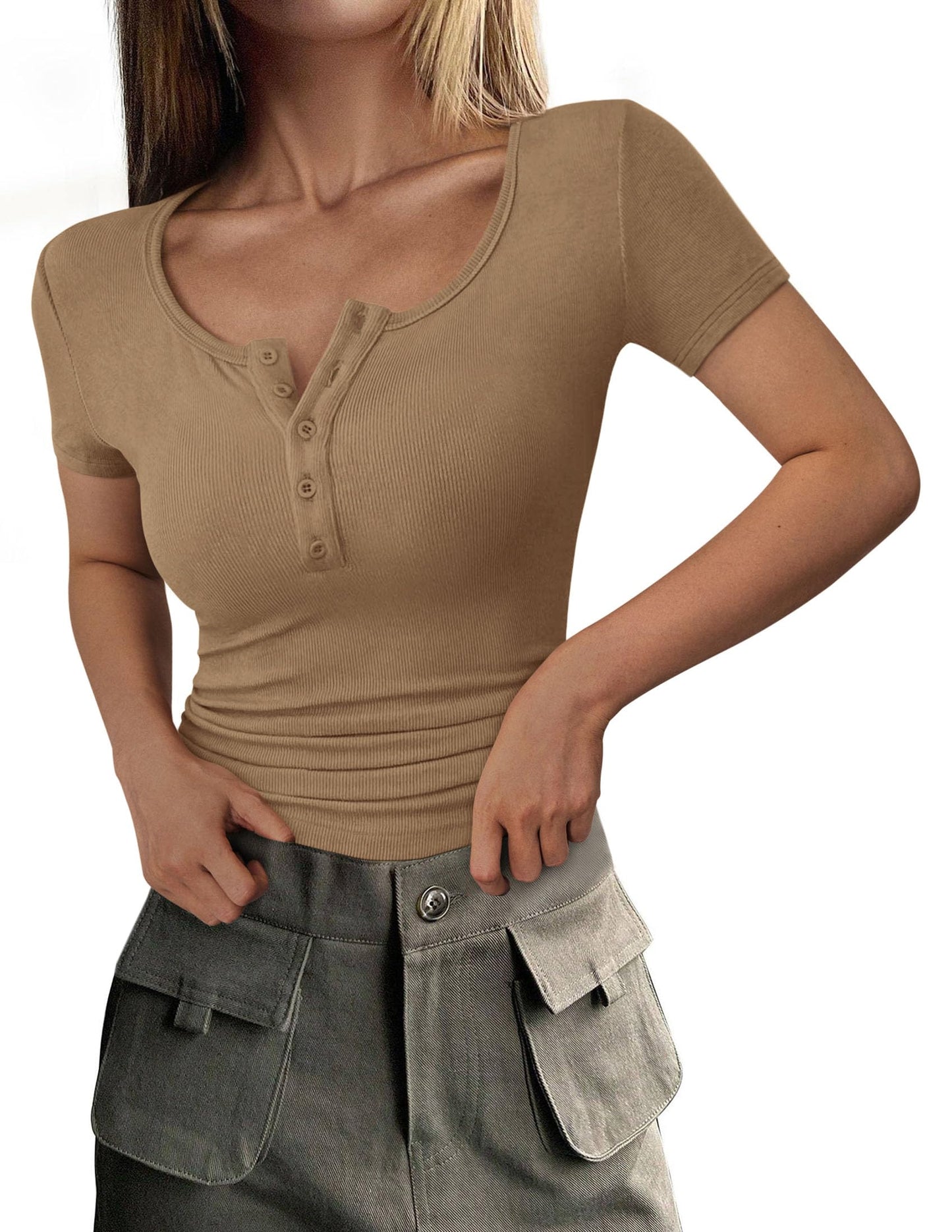 Ribbed Henley Button Short Sleeve Slim Fit T-Shirt
