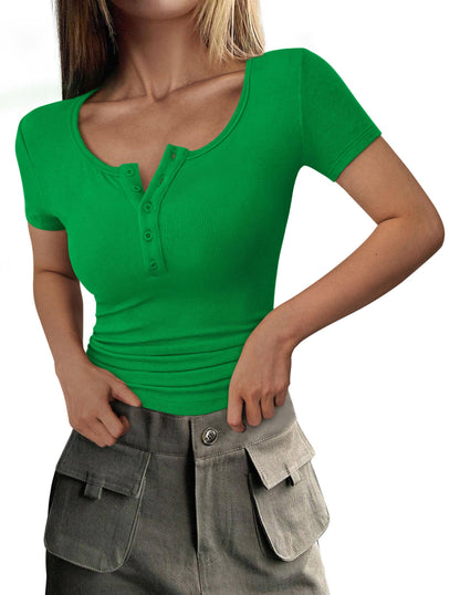Ribbed Henley Button Short Sleeve Slim Fit T-Shirt