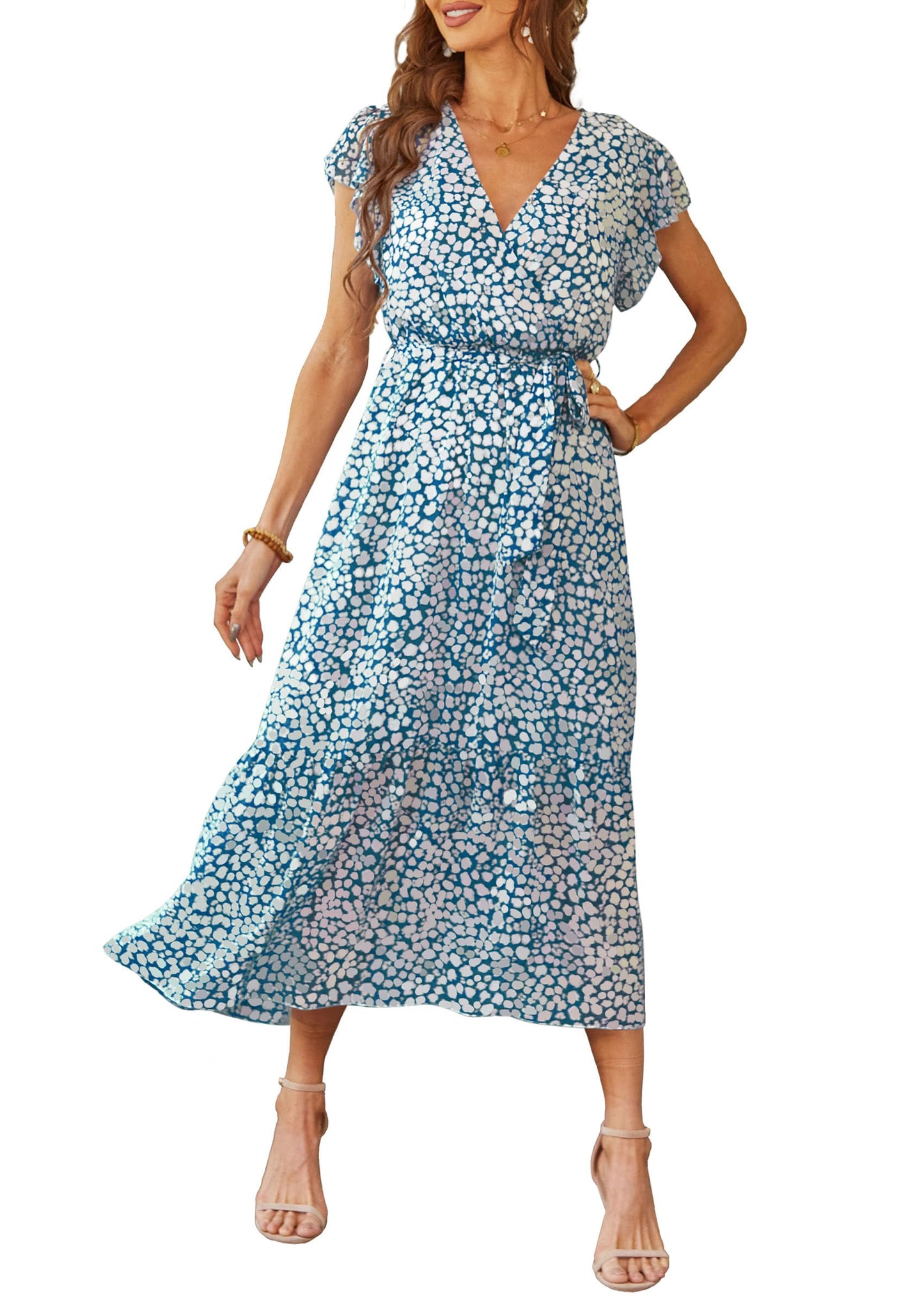 Women's Floral Wrap V-Neck Ruffle Boho Maxi Dress