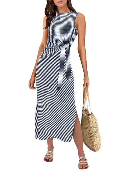 Sleeveless Tie Waist Split Tank Midi Sundress