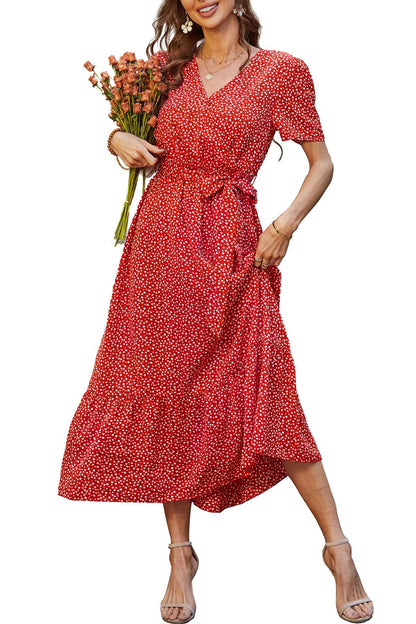 Women's Floral Wrap V-Neck Ruffle Boho Maxi Dress