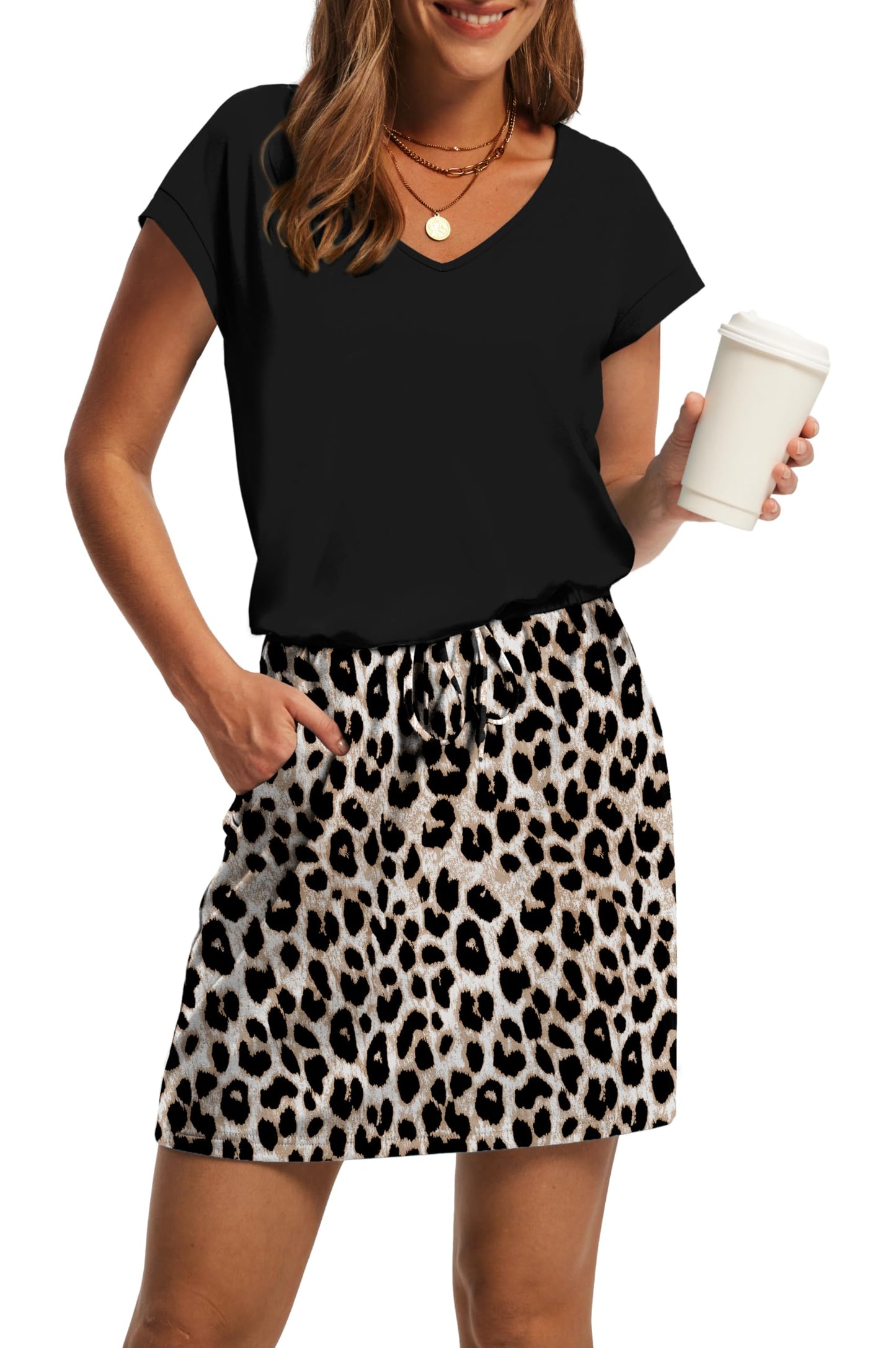V-Neck Tie Waist Casual Mini Sundress with Pockets