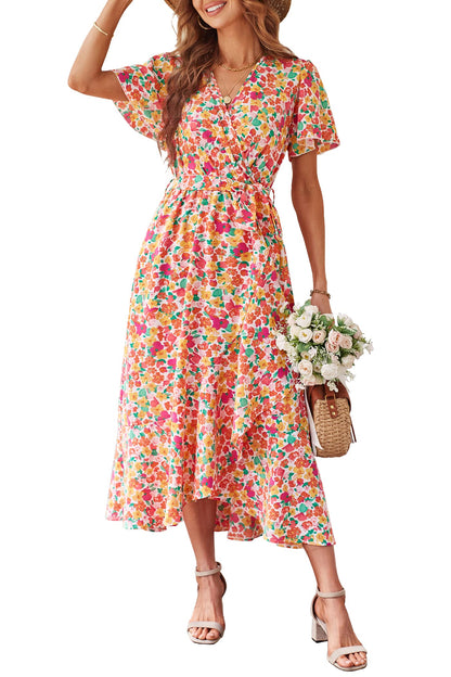 Women's Floral Wrap V-Neck Ruffle Boho Maxi Dress