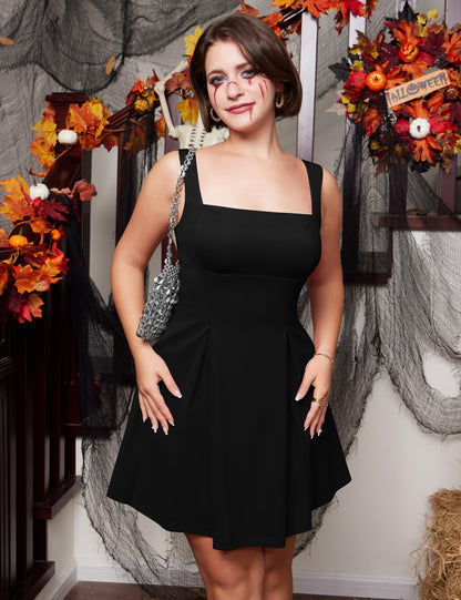 Women's Square Neck A-Line Mini Dress with Bow Tie Straps