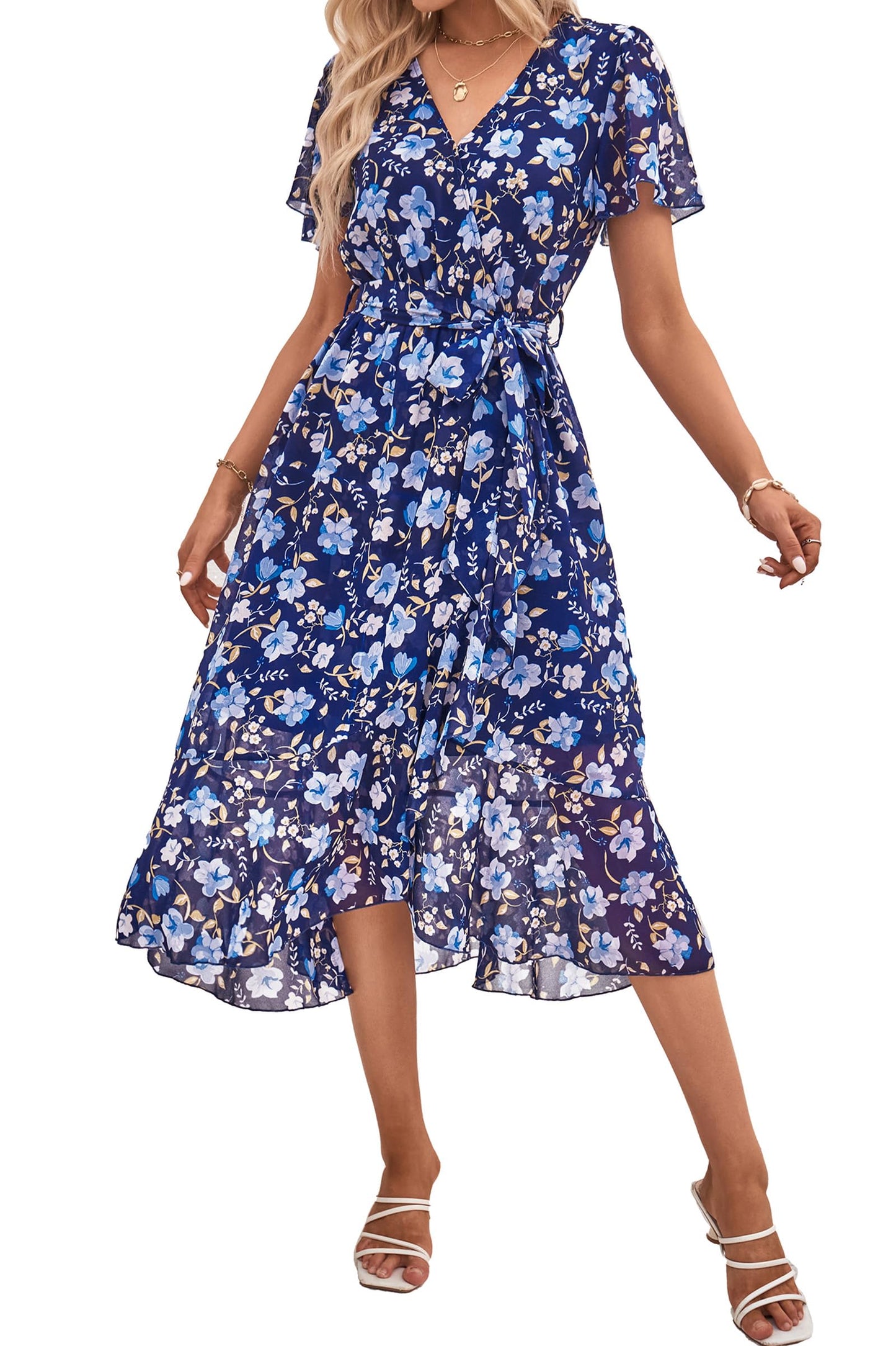 Women's Floral Wrap V-Neck Ruffle Boho Maxi Dress