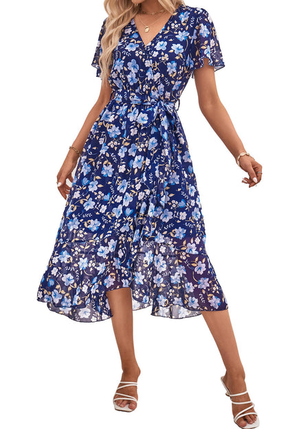 Women's Floral Wrap V-Neck Ruffle Boho Maxi Dress