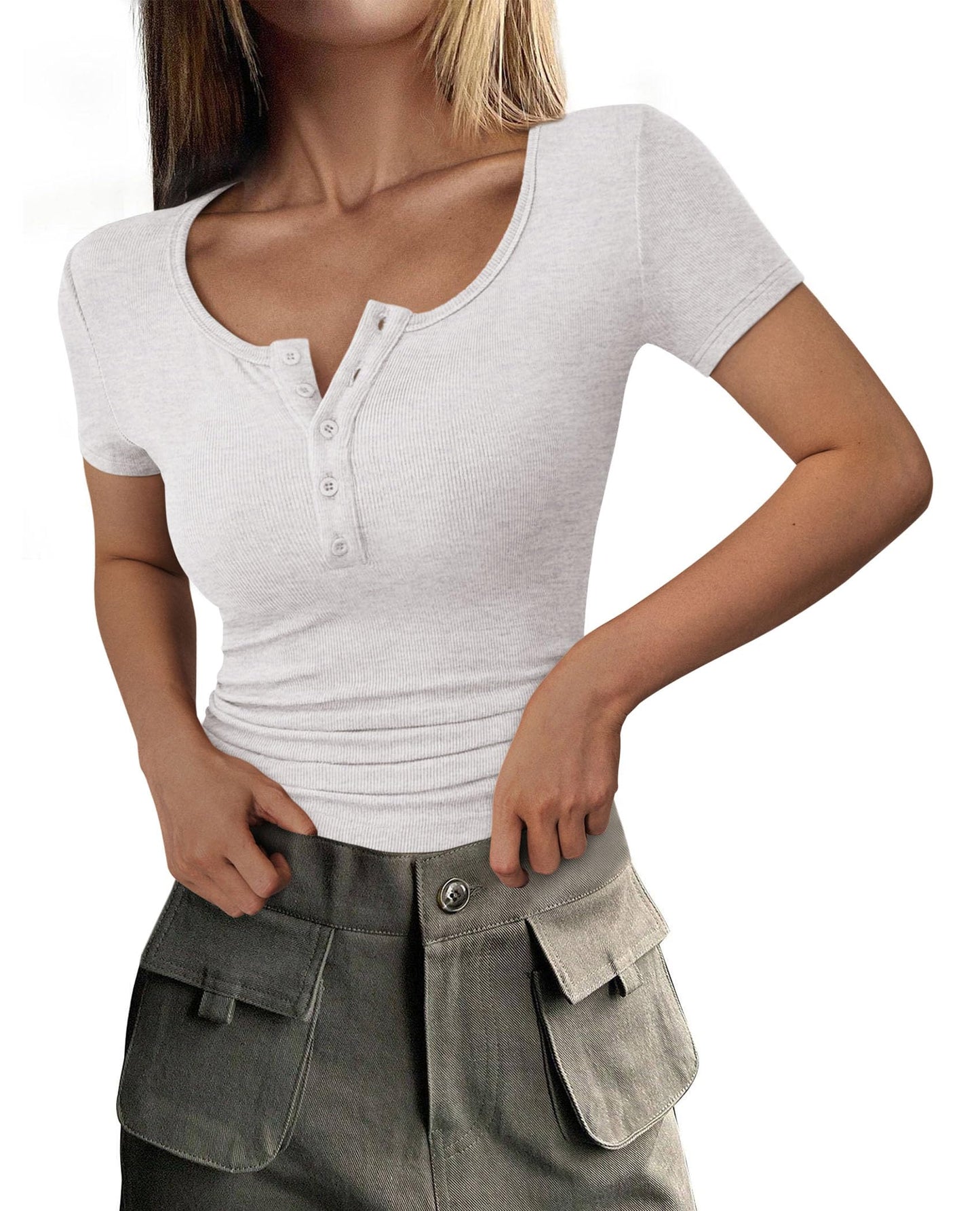 Ribbed Henley Button Short Sleeve Slim Fit T-Shirt