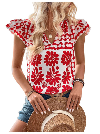 Striped Ruffle Cap Sleeve V-Neck Casual Work Blouse