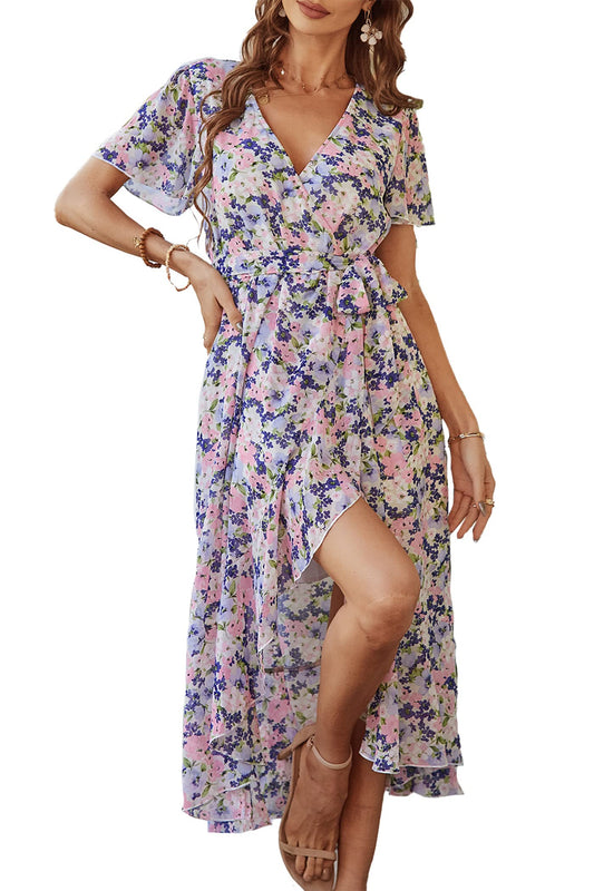 Women's Floral Wrap V-Neck Ruffle Boho Maxi Dress