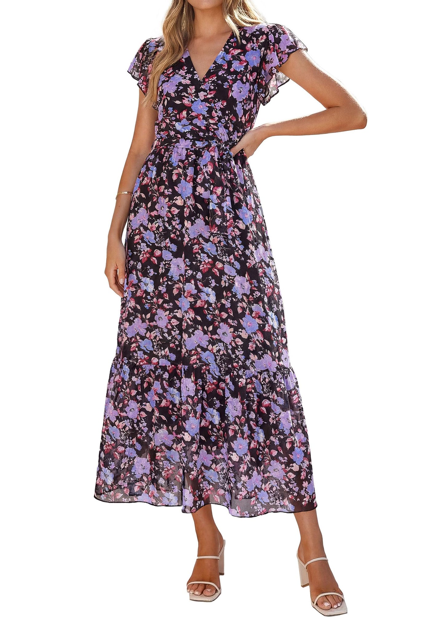 Women's Floral Wrap V-Neck Ruffle Boho Maxi Dress