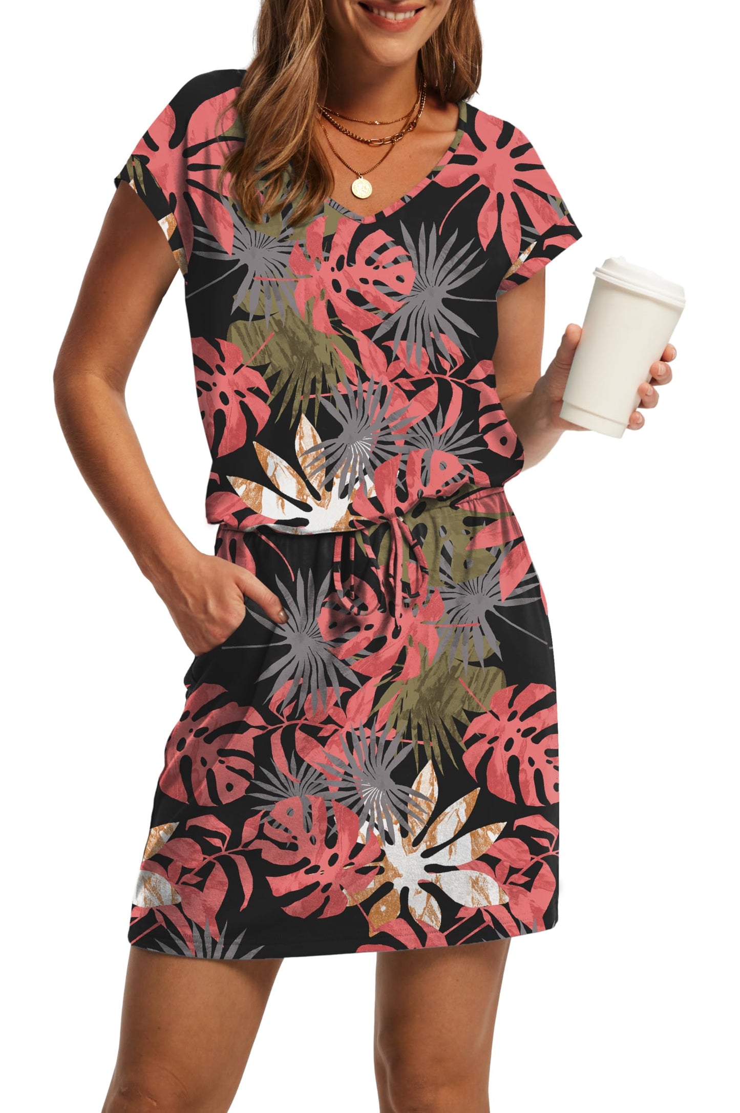 V-Neck Tie Waist Casual Mini Sundress with Pockets