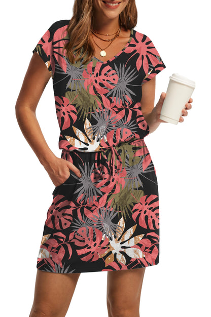 V-Neck Tie Waist Casual Mini Sundress with Pockets