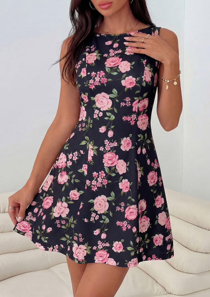 Women's Floral Sleeveless A-Line Boat Neck Mini Dress
