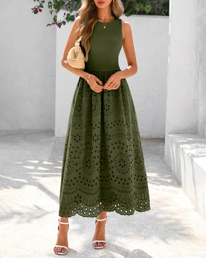 Sleeveless Crewneck Lace Eyelet Cotton Maxi Dress with Pockets
