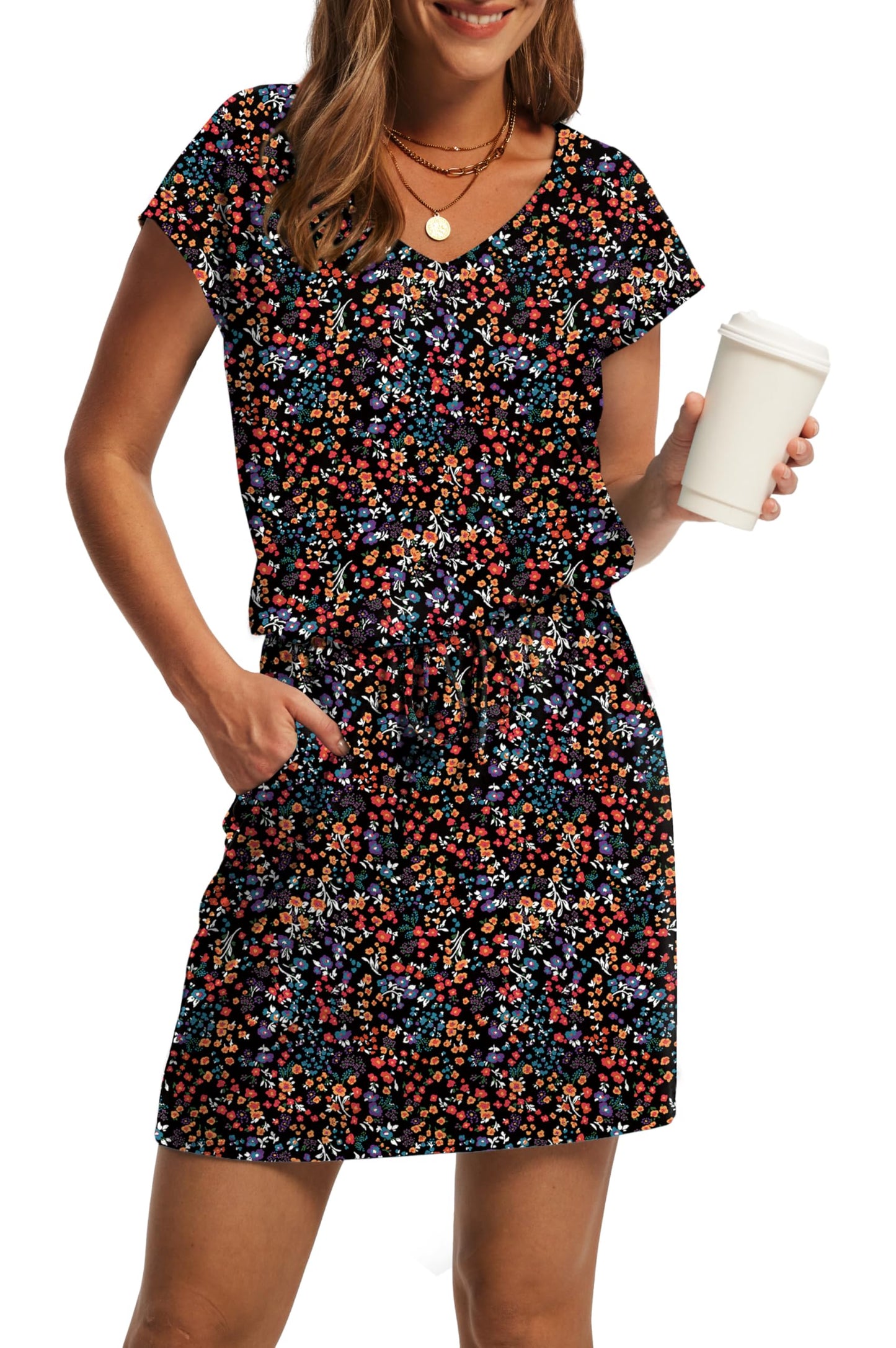 V-Neck Tie Waist Casual Mini Sundress with Pockets