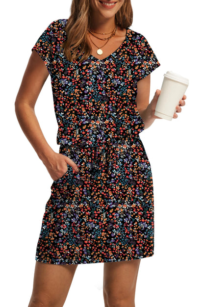 V-Neck Tie Waist Casual Mini Sundress with Pockets