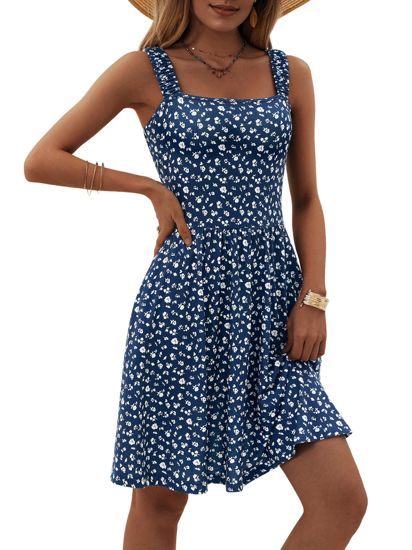 Square Neck Sleeveless A-Line Midi Sundress with Pockets