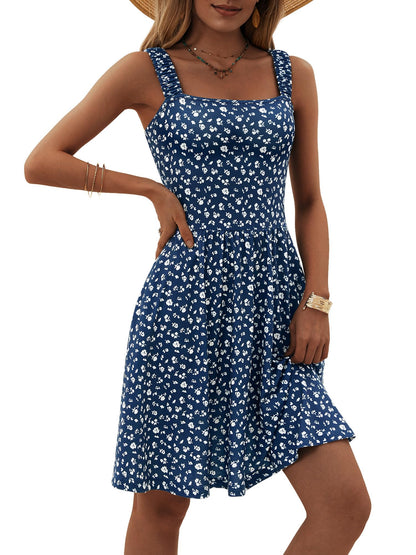 Square Neck Sleeveless A-Line Midi Sundress with Pockets