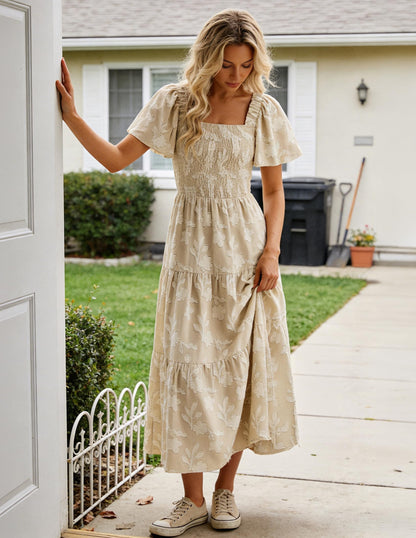 Women's Boho Floral Square Neck Midi Dress