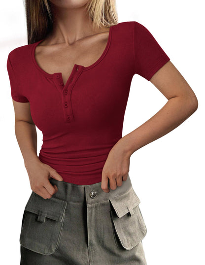 Ribbed Henley Button Short Sleeve Slim Fit T-Shirt