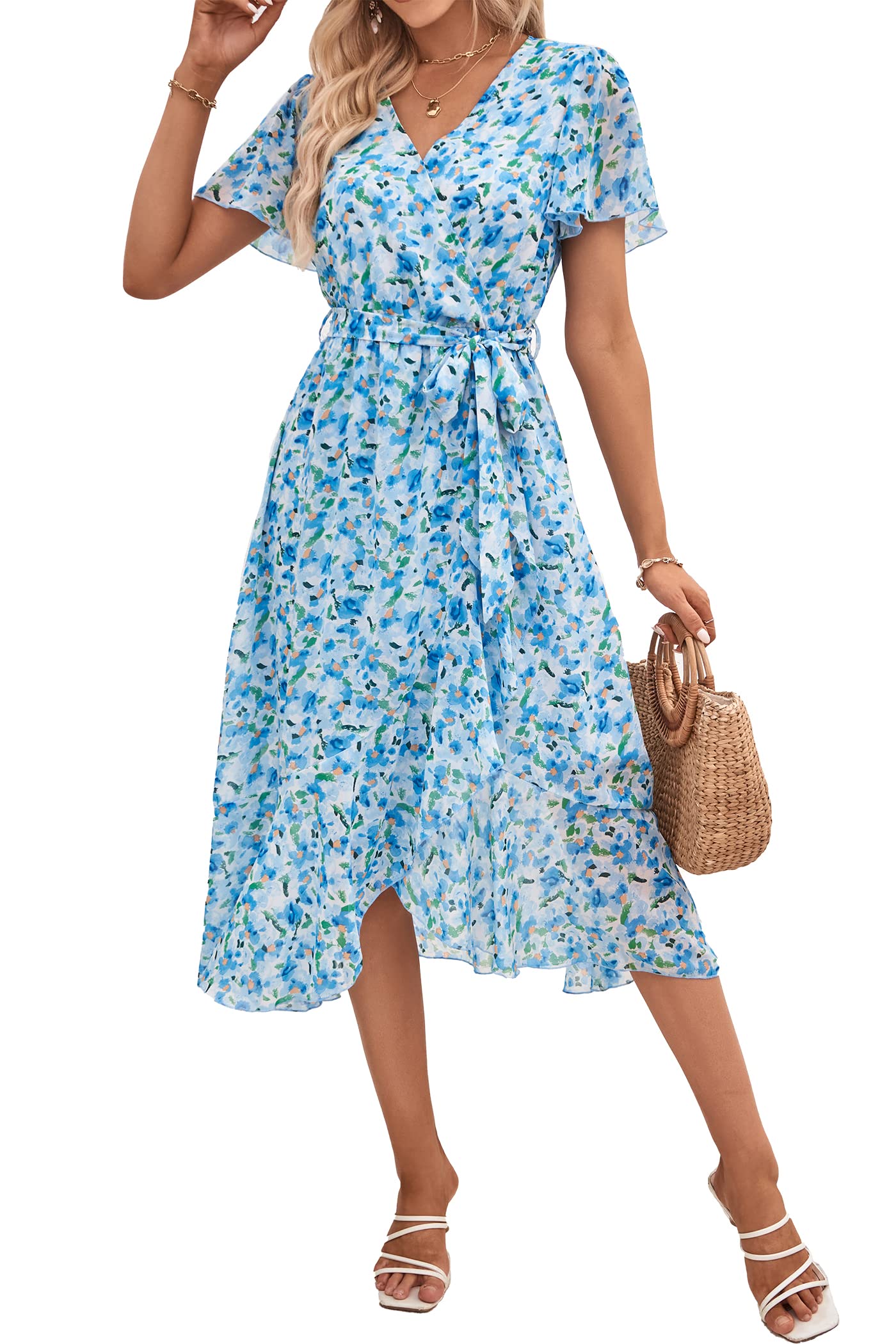 Women's Floral Wrap V-Neck Ruffle Boho Maxi Dress