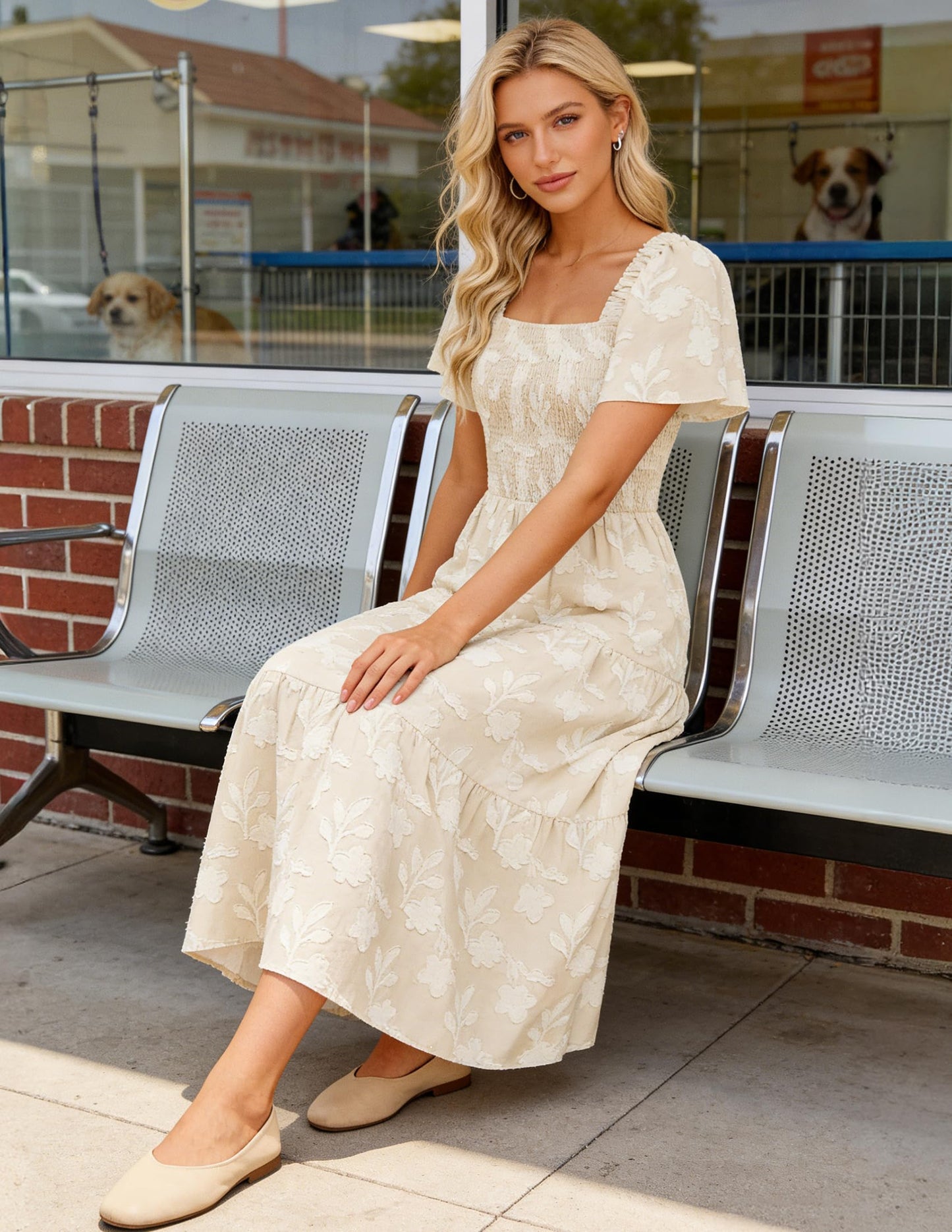 Women's Boho Floral Square Neck Midi Dress
