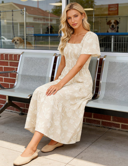 Women's Boho Floral Square Neck Midi Dress